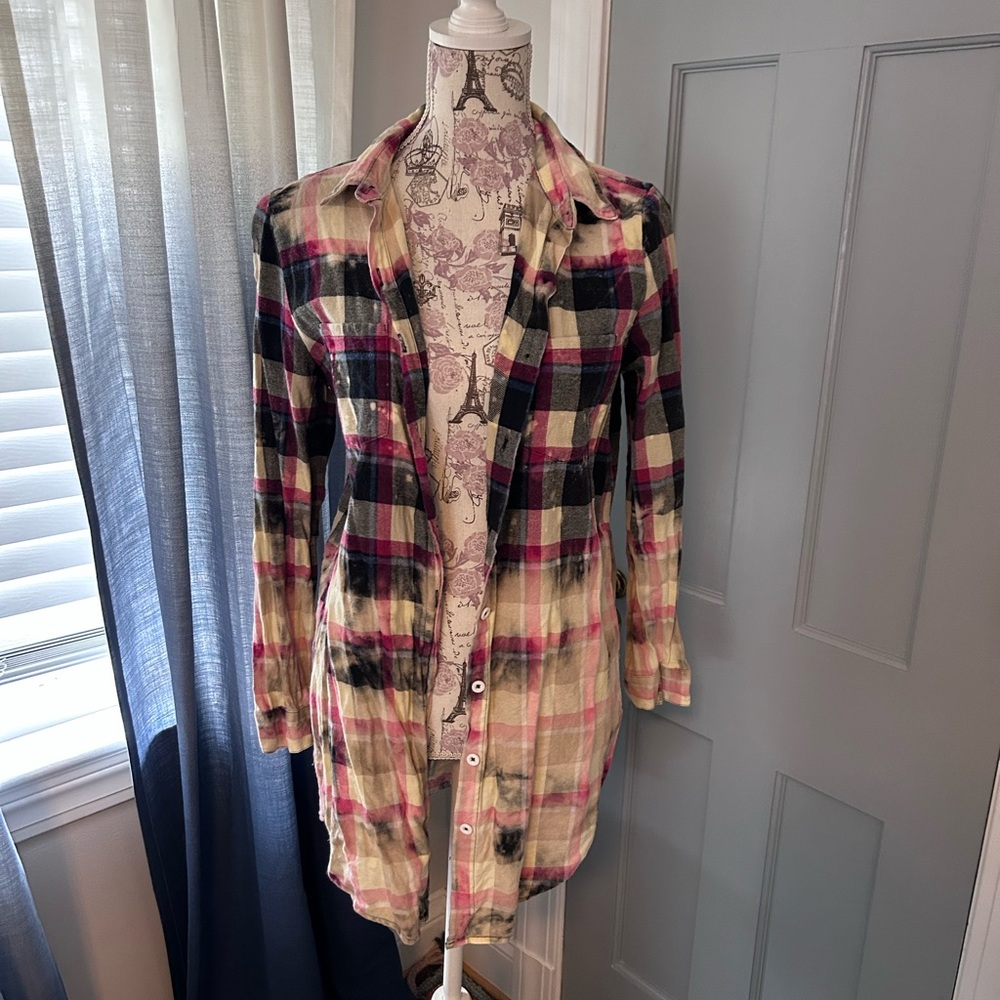 Plaid bleach dyed flannel Button-Up long Shirt